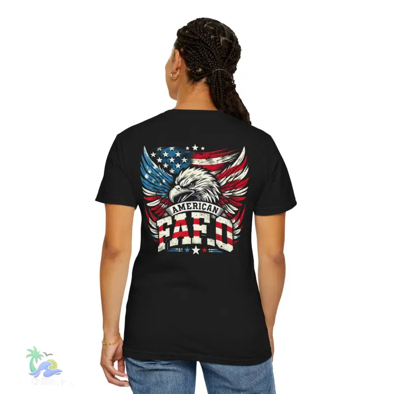 Black t-shirt with American flag and eagle design.