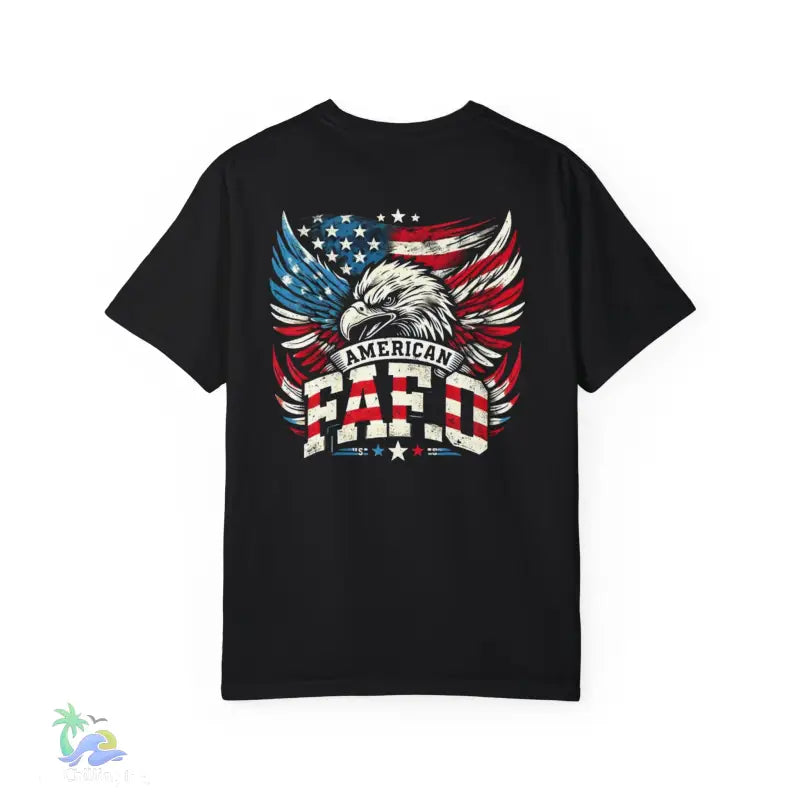 Black t-shirt with patriotic eagle design.