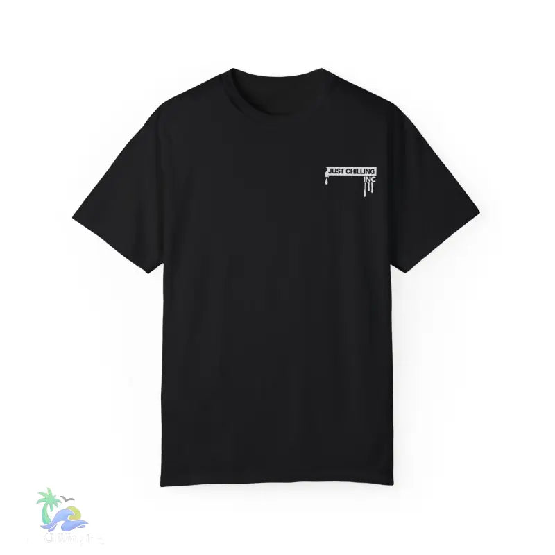 Black t-shirt with white graphic.