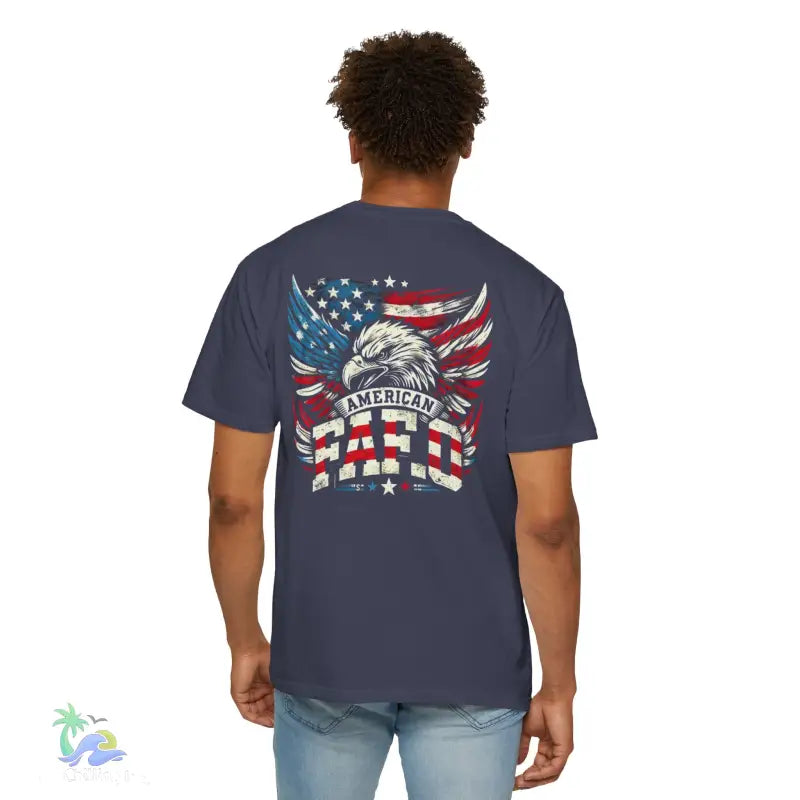 Navy t-shirt with American flag and eagle design.