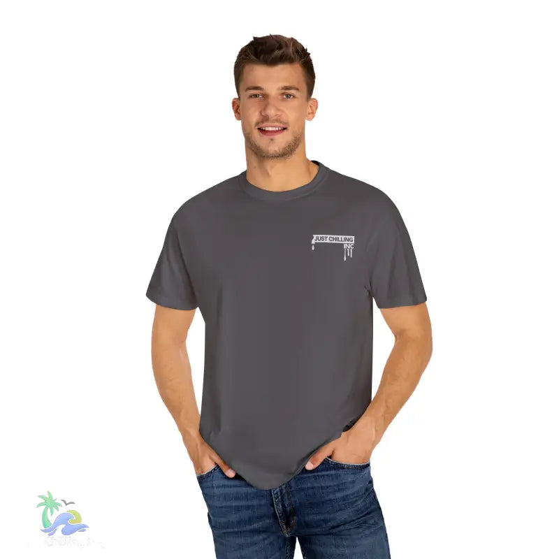 Gray t-shirt with graphic.