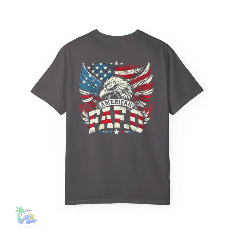 Gray t-shirt with American eagle graphic.