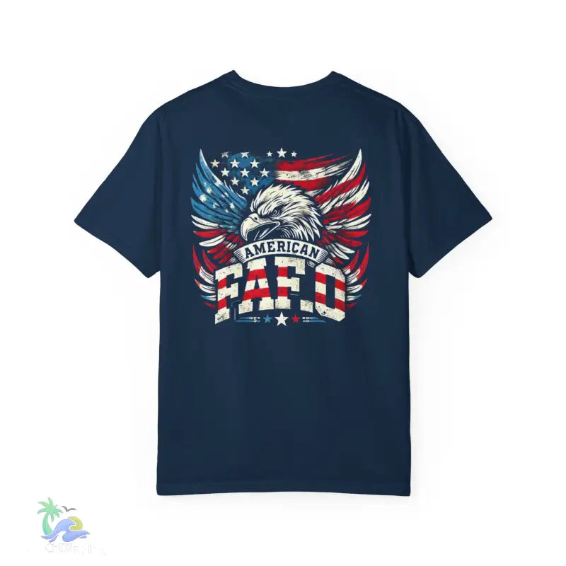 Navy blue t-shirt with patriotic eagle design.