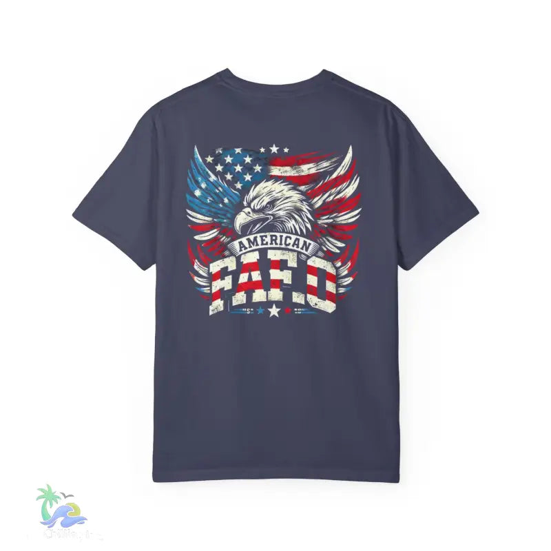 Navy blue t-shirt with eagle and American flag graphic.