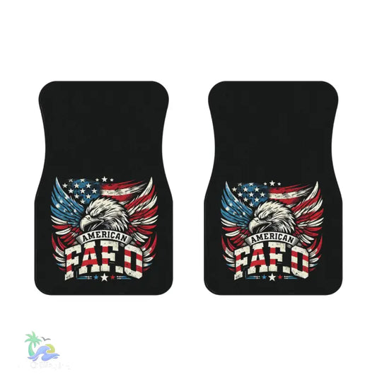 Pair of black car floor mats with patriotic eagle design.