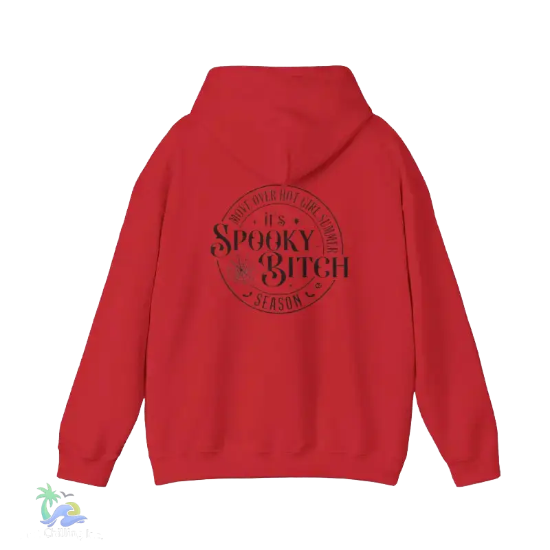 A red hooded sweatshirt with a black circular logo on the back.