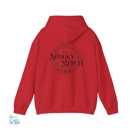 A red hooded sweatshirt with a black circular logo on the back.