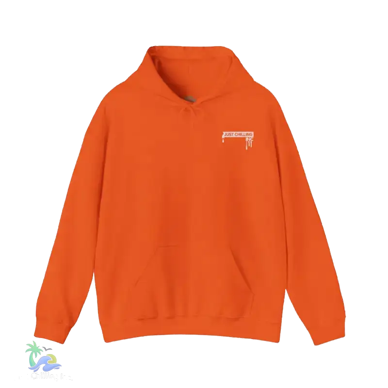 An orange hoodie with a white logo on the left side.