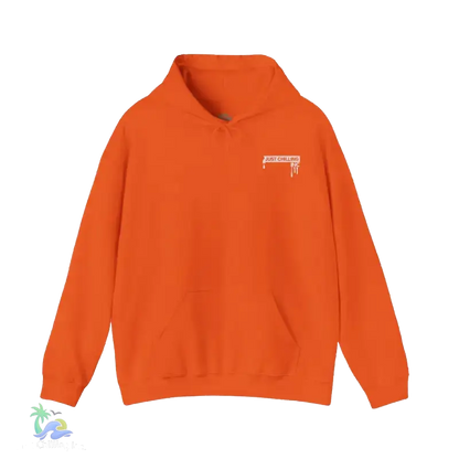 An orange hoodie with a white logo on the left side.