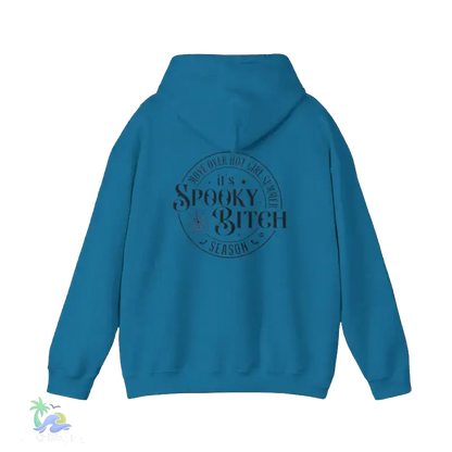 A blue hoodie with a circular design on the back featuring the text "It's Spooky Bitch" and "It's Spooky Bitch Season" printed on it.