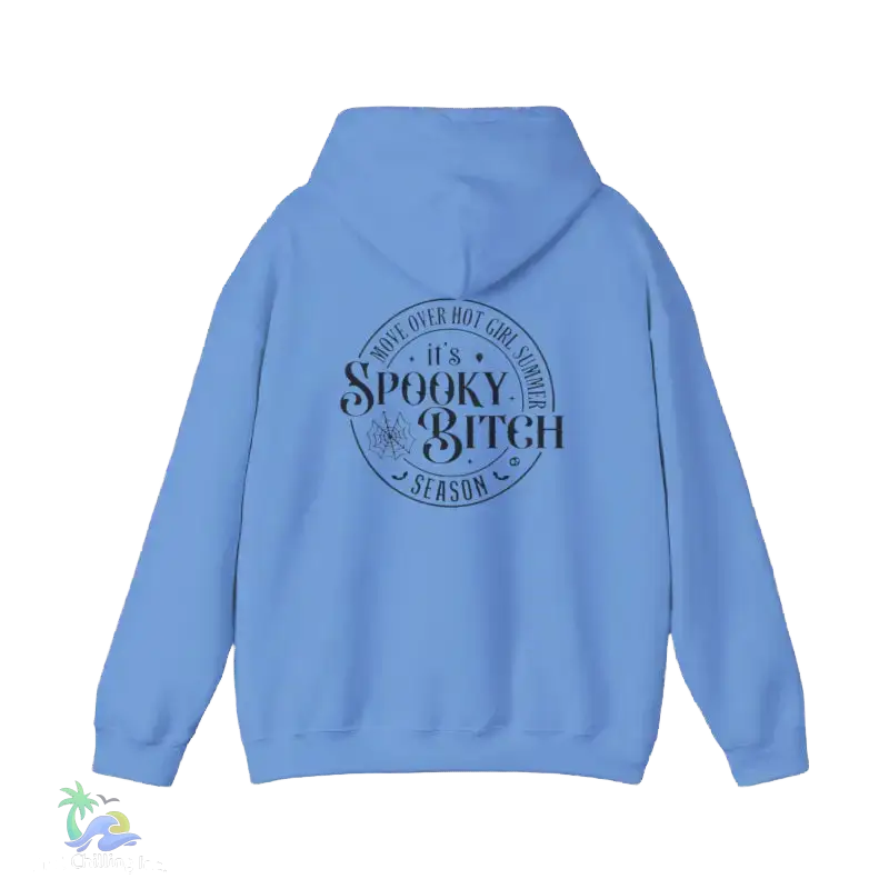 A light blue hoodie with a circular design on the back featuring the text "It's Spooky Bitch Season" and a spider web graphic.