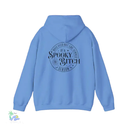 A light blue hoodie with a circular design on the back featuring the text "It's Spooky Bitch Season" and a spider web graphic.