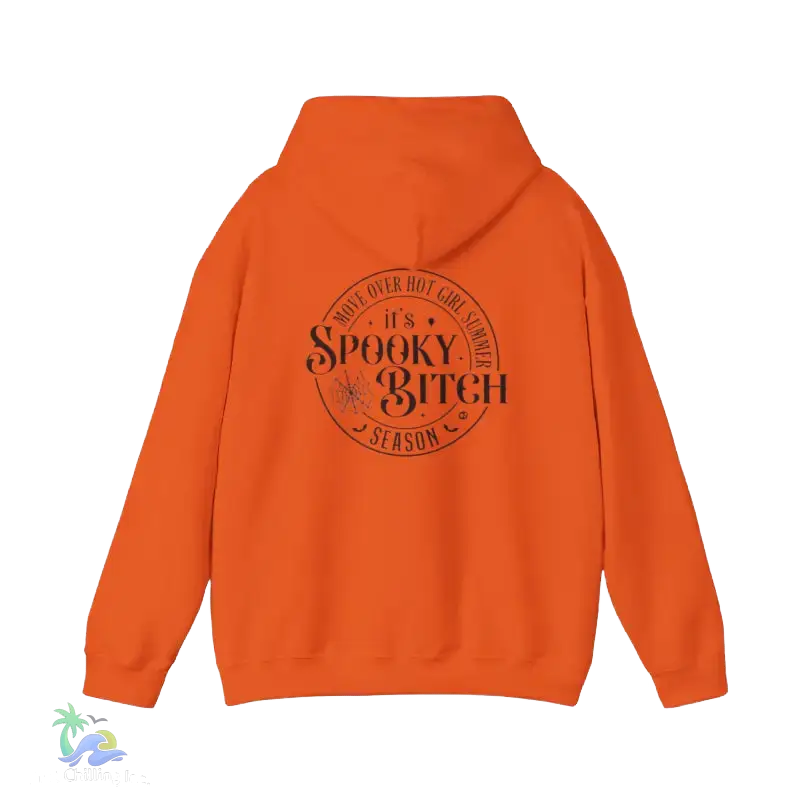 An orange hoodie with a black circular logo on the back.