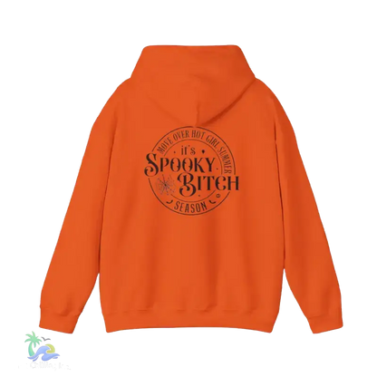 An orange hoodie with a black circular logo on the back.