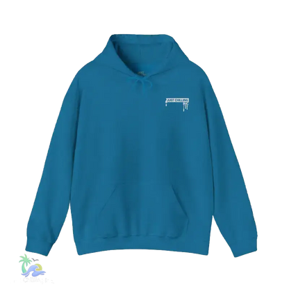 A blue hoodie with a white logo on the left side.