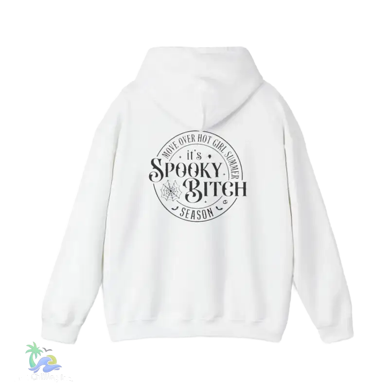 A white hoodie with a black circular logo on the back.