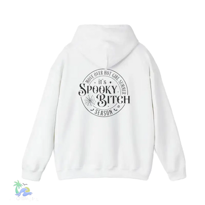 A white hoodie with a black circular logo on the back.