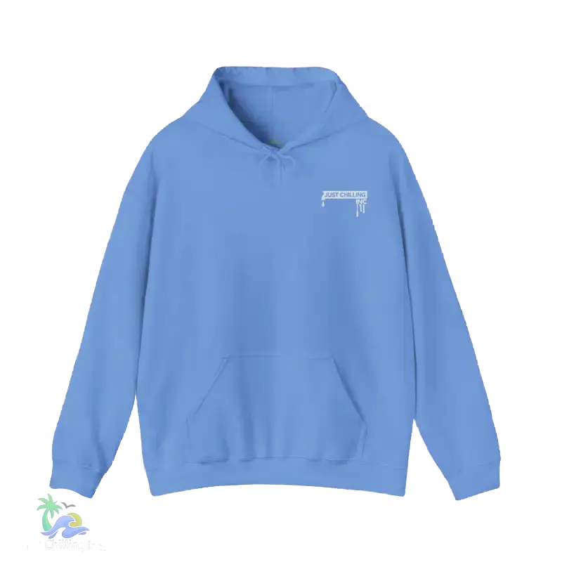 A light blue hoodie with a white logo on the left side.