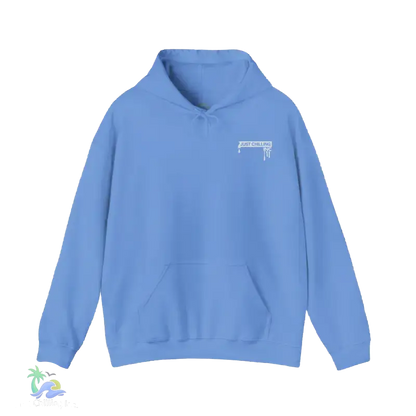 A light blue hoodie with a white logo on the left side.