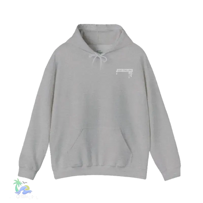 A gray hoodie with a white logo on the front.