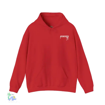 A red hoodie with a white logo on the left side.