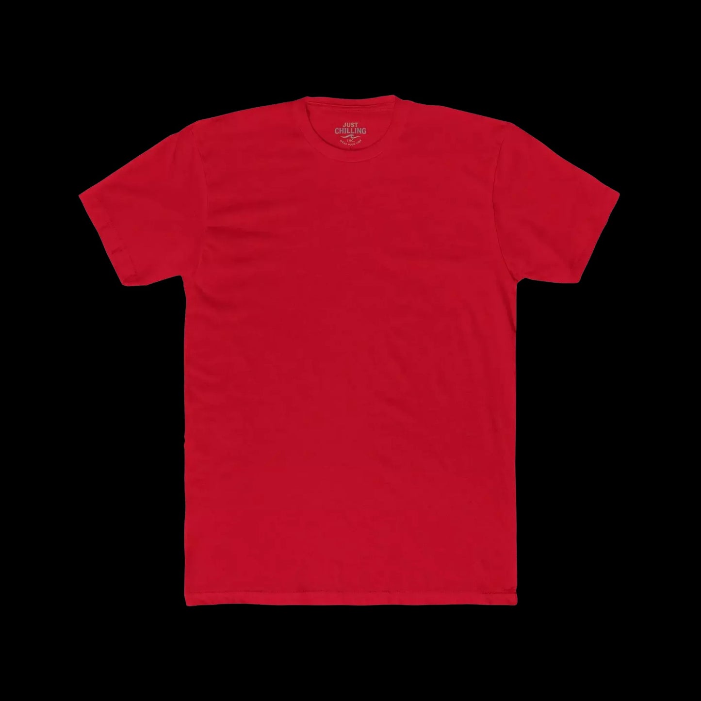 A red t-shirt is displayed against a black background.