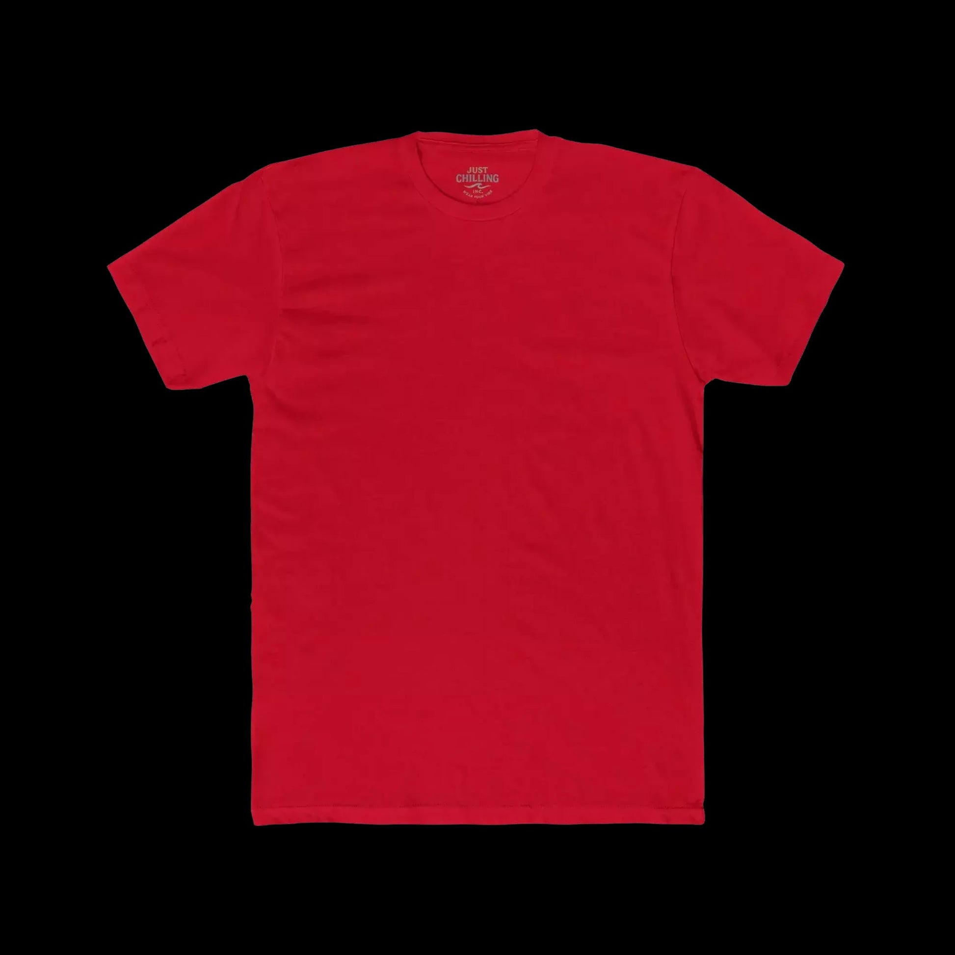 A red t-shirt is displayed against a black background.