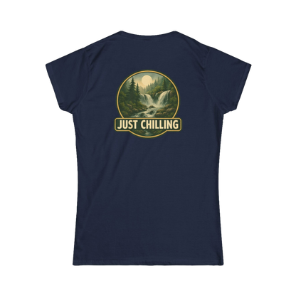 A navy blue t-shirt with a graphic design on the back, depicting a waterfall surrounded by trees and mountains. The text "JUST CHILLING" is displayed above the image.