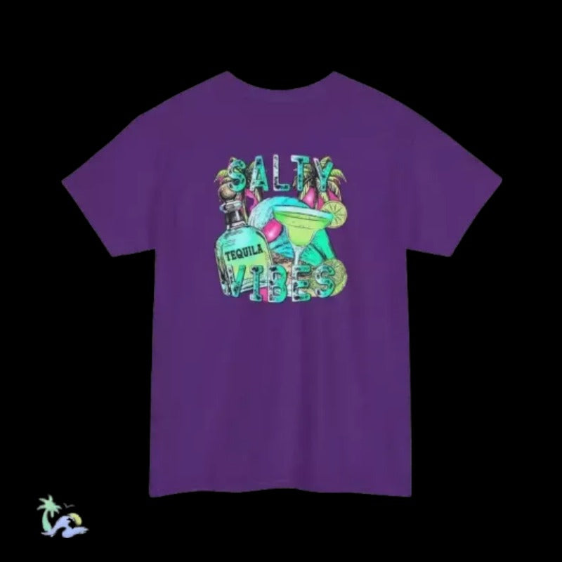A purple t-shirt with a graphic design featuring a tequila bottle, a margarita glass, and the text "SALTY VIBES" in a colorful, stylized font.