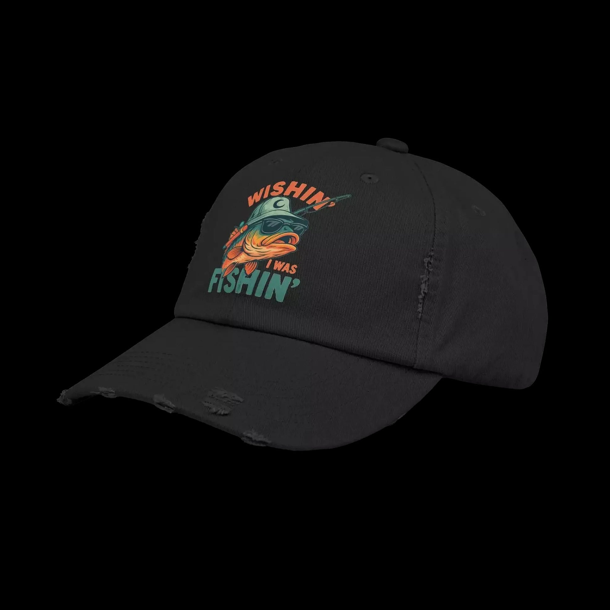 A black baseball cap with a colorful graphic and text on it.