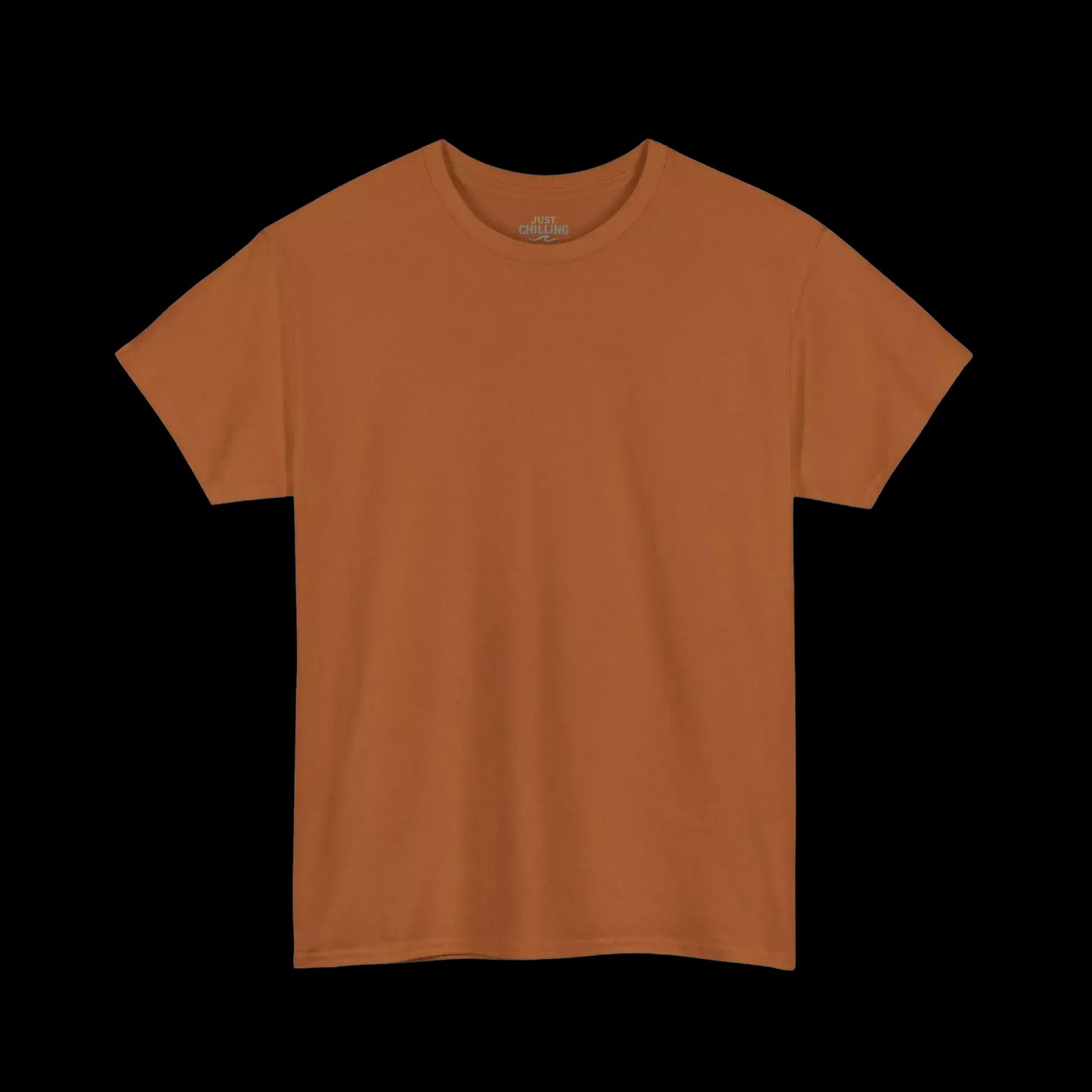 A plain, orange-colored t-shirt is shown against a black background.