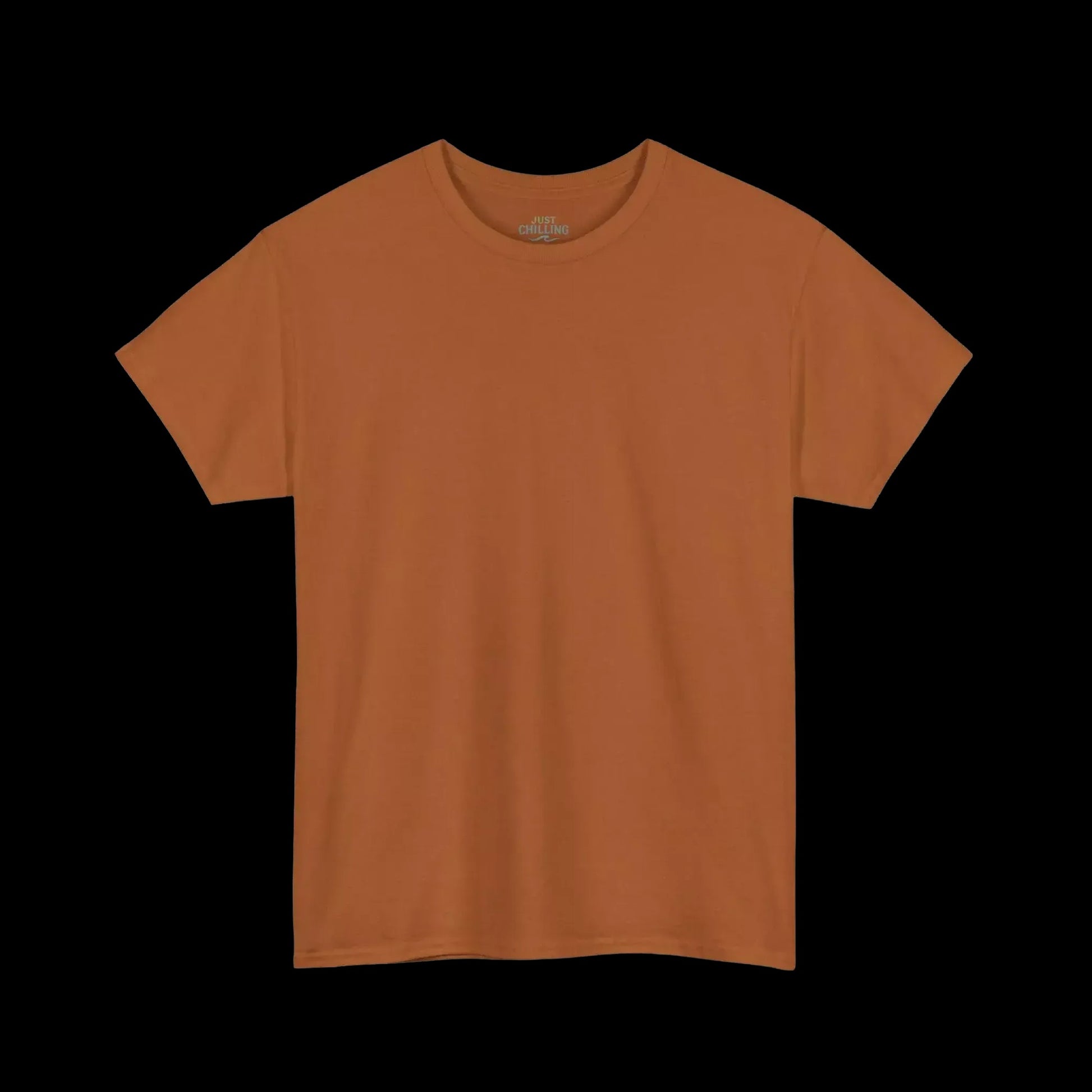 A plain, orange-colored t-shirt is shown against a black background.