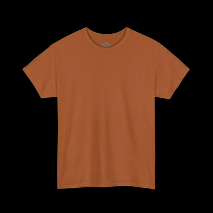 A plain, orange-colored t-shirt is shown against a black background.