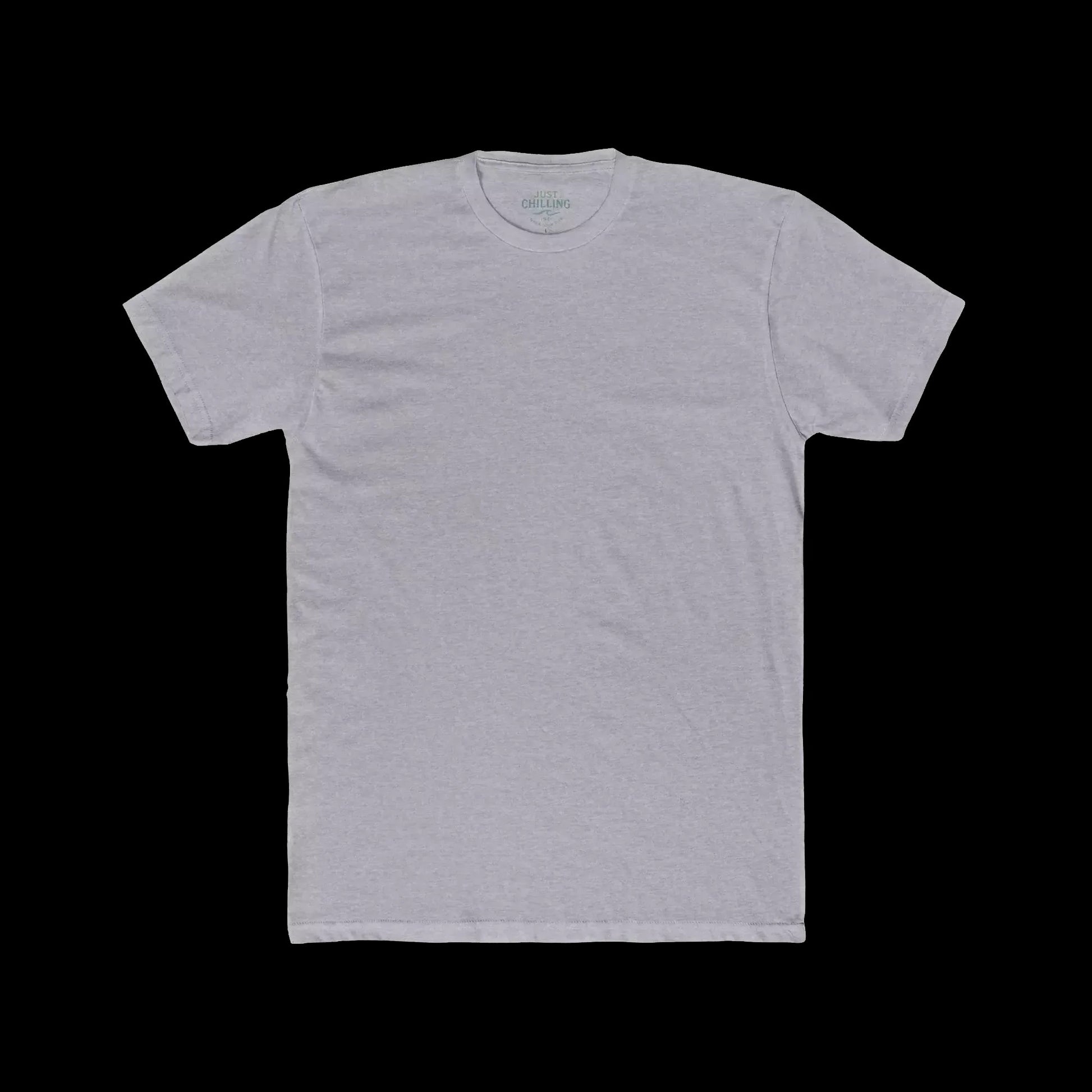 A plain, gray t-shirt is shown against a black background.