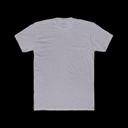 A plain, gray t-shirt is shown against a black background.