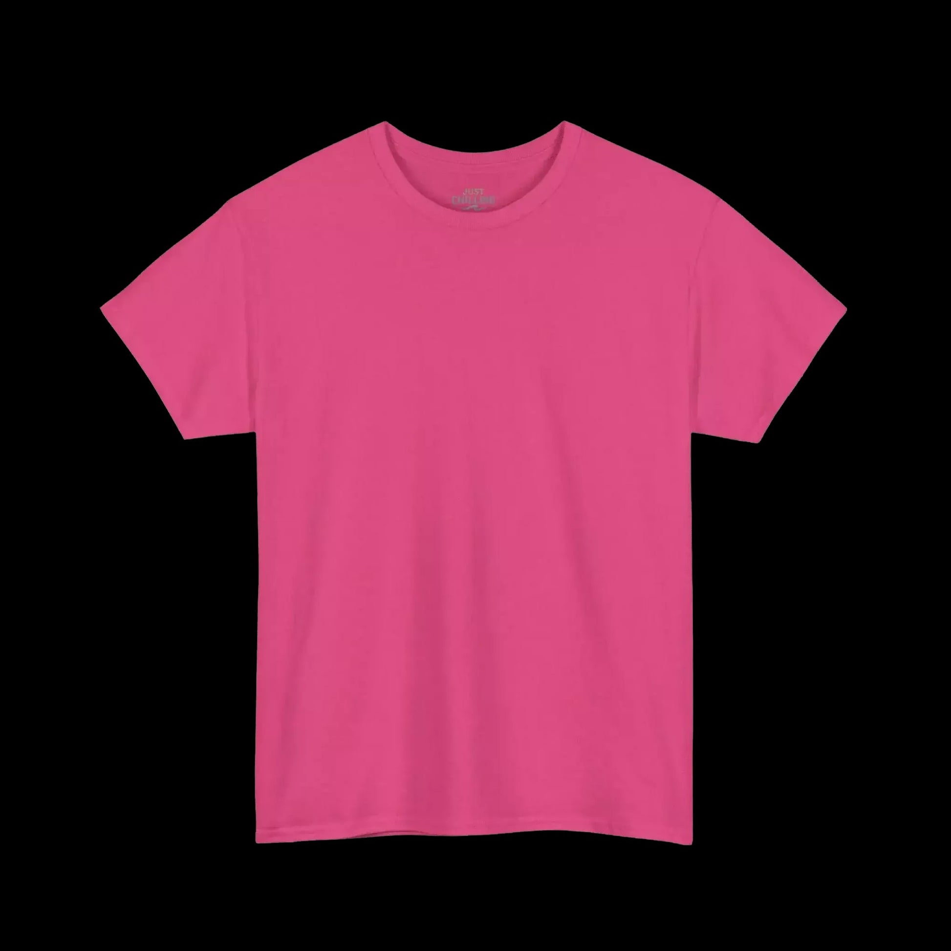 A bright pink t-shirt is shown against a black background.