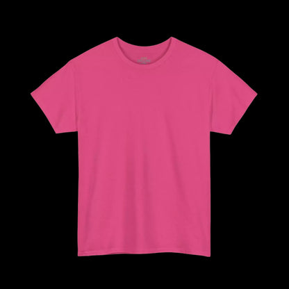 A bright pink t-shirt is shown against a black background.