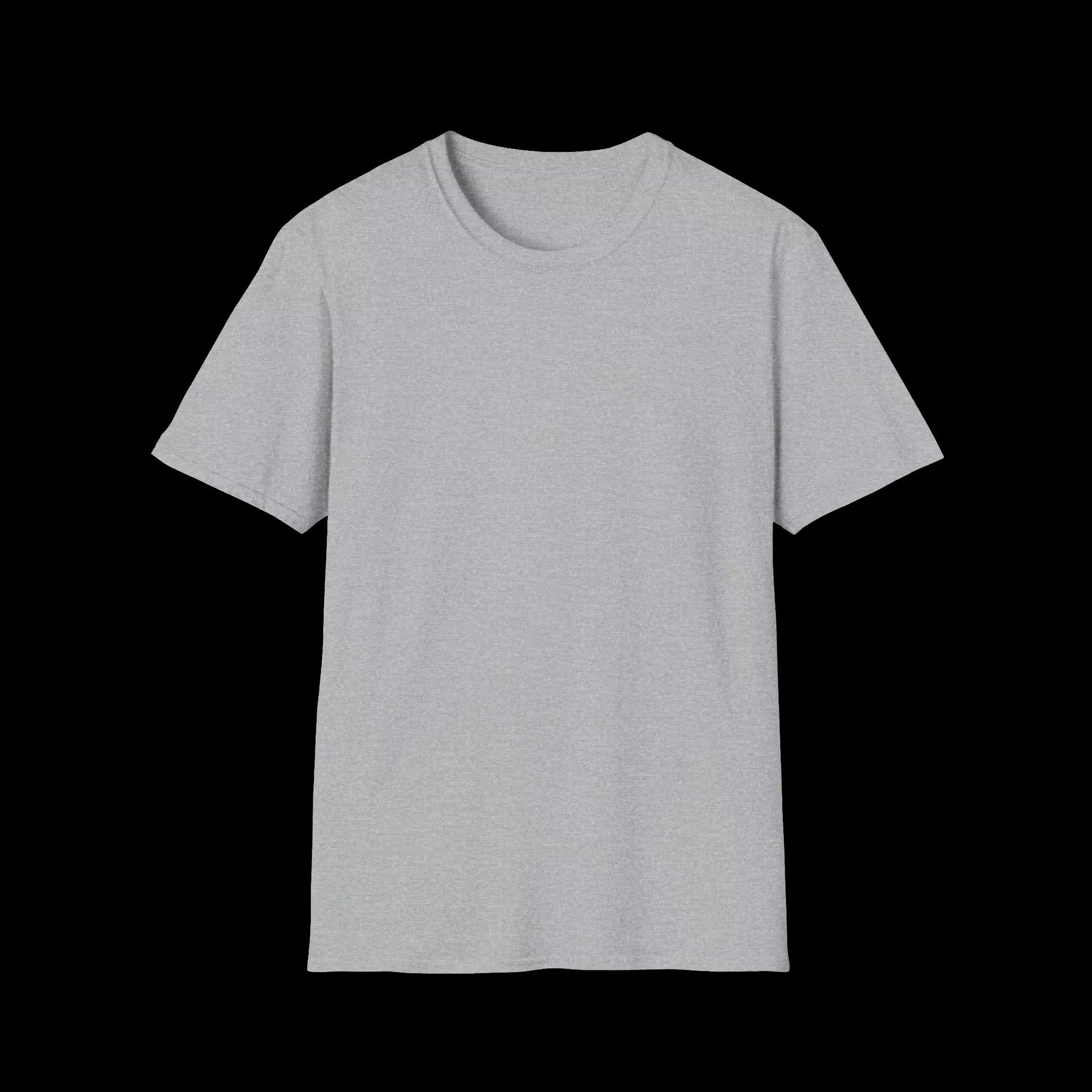 A plain, gray t-shirt against a black background.