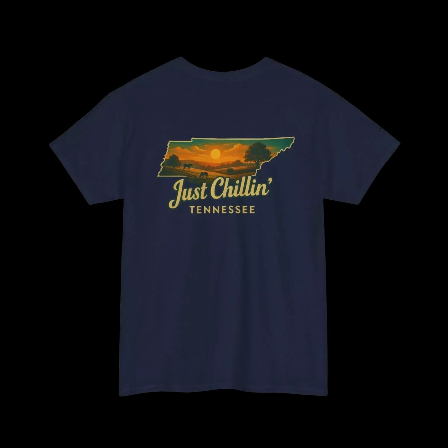 A navy blue t-shirt with a graphic design depicting a sunset over the state of Tennessee.