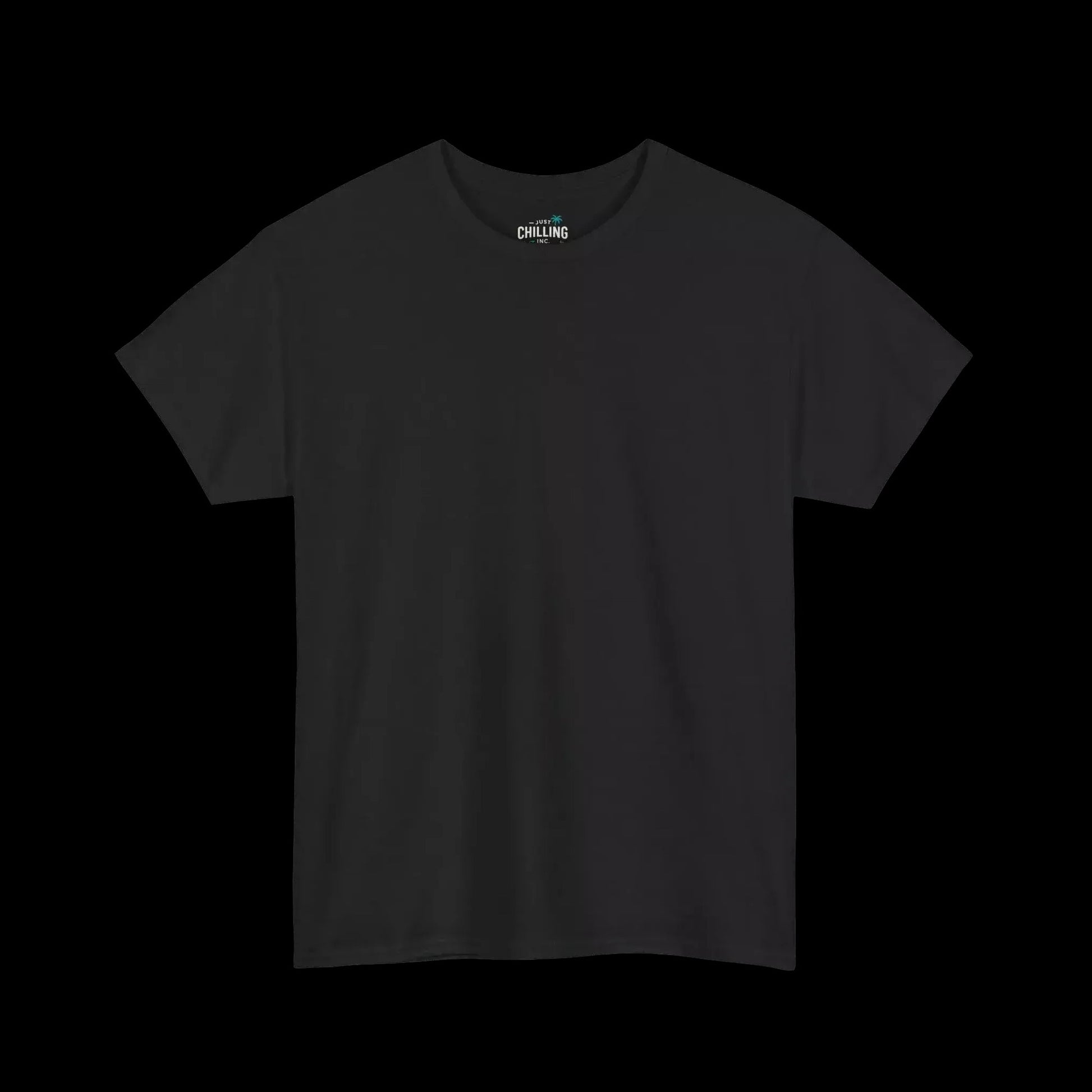 A plain black t-shirt against a black background.