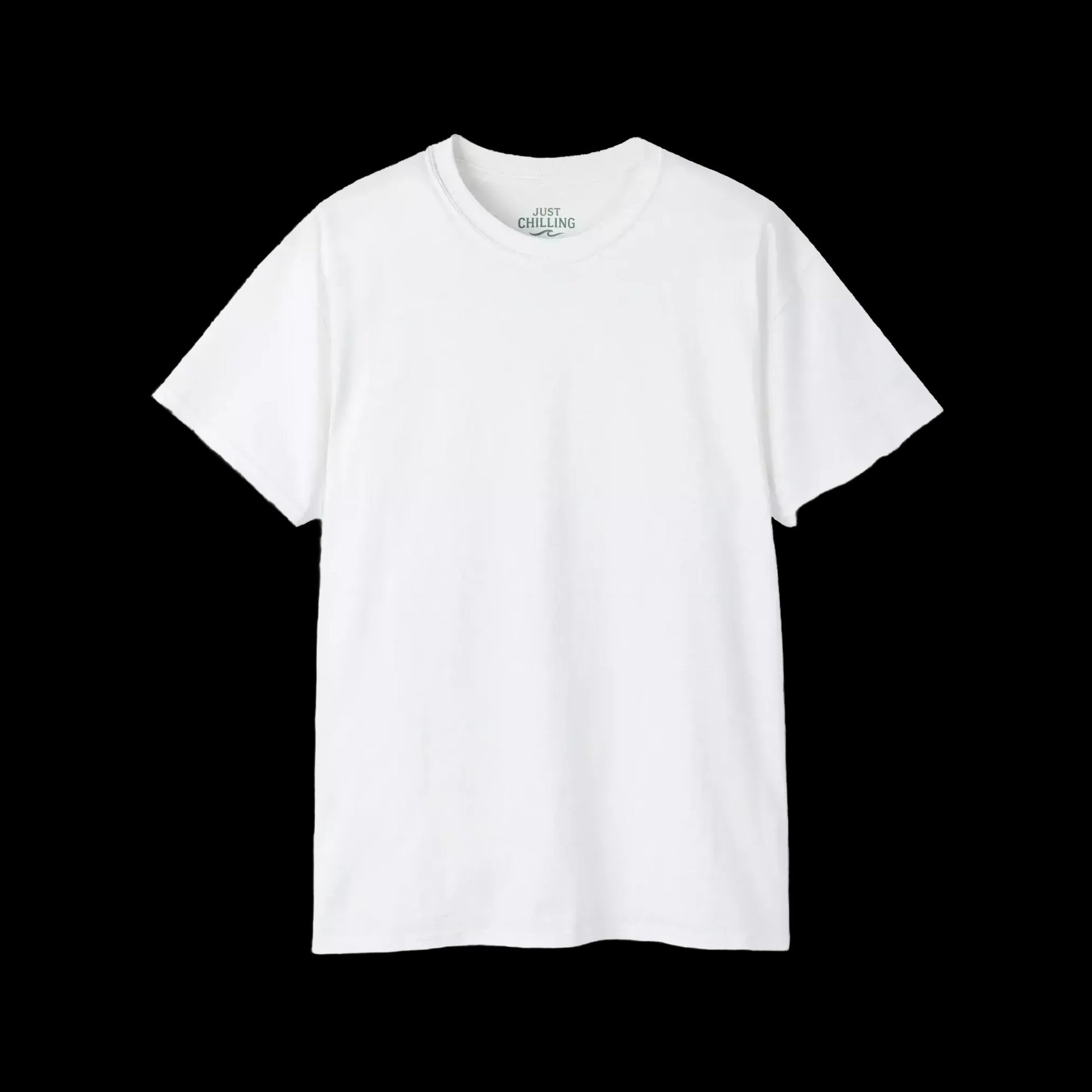 A plain white t-shirt against a black background.