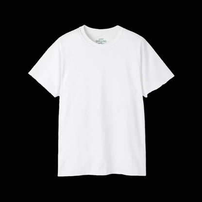 A plain white t-shirt against a black background.
