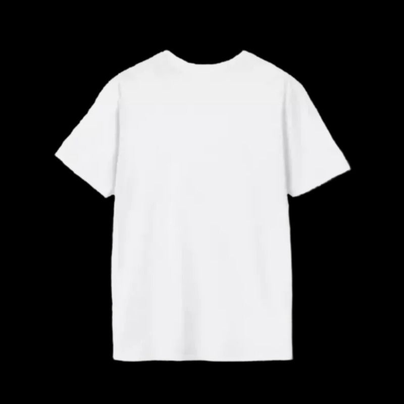 A plain white t-shirt against a black background.