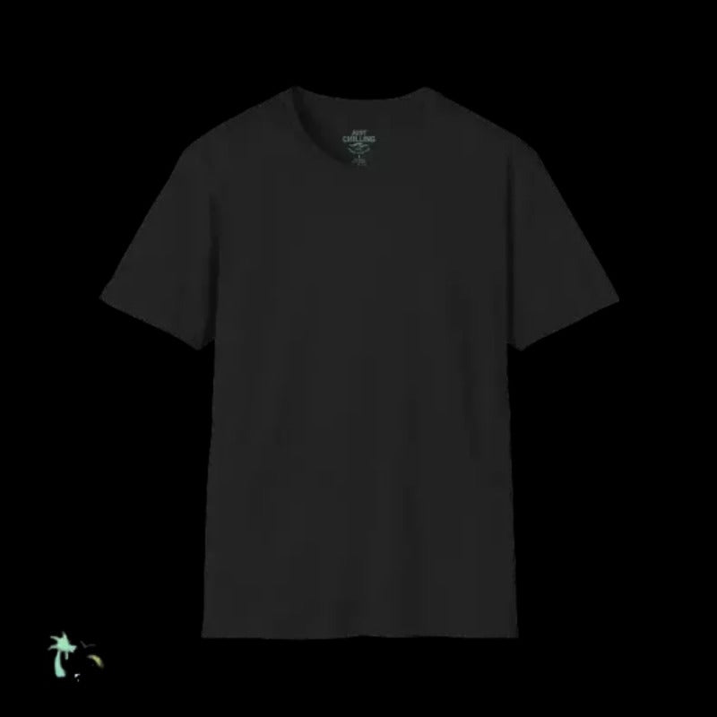A plain black t-shirt is shown against a black background.