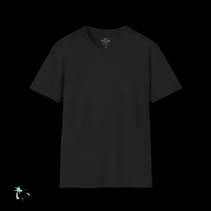 A plain black t-shirt is shown against a black background.
