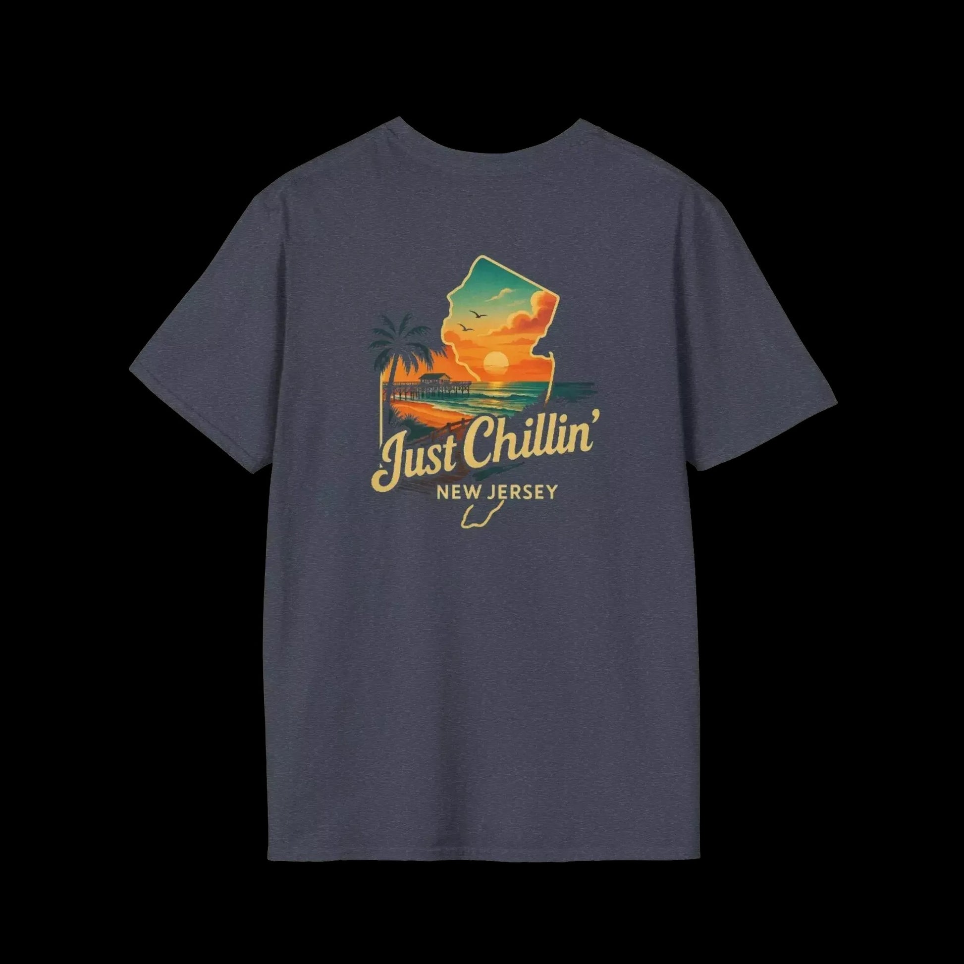 A gray t-shirt with a graphic design depicting a sunset over a beach and palm trees, along with the text "Just Chillin' NEW JERSEY".