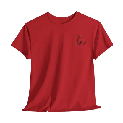 A red t-shirt with the text "Just Chilling" printed on the left side.
