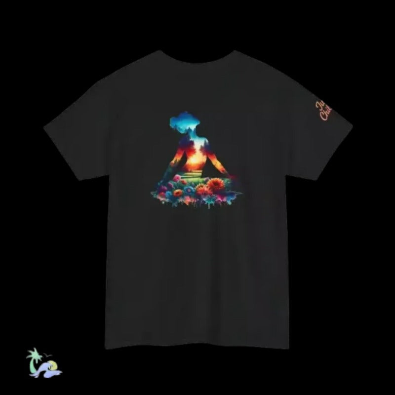 A black t-shirt with a colorful graphic design depicting a person sitting in a meditative pose surrounded by a vibrant, abstract landscape.
