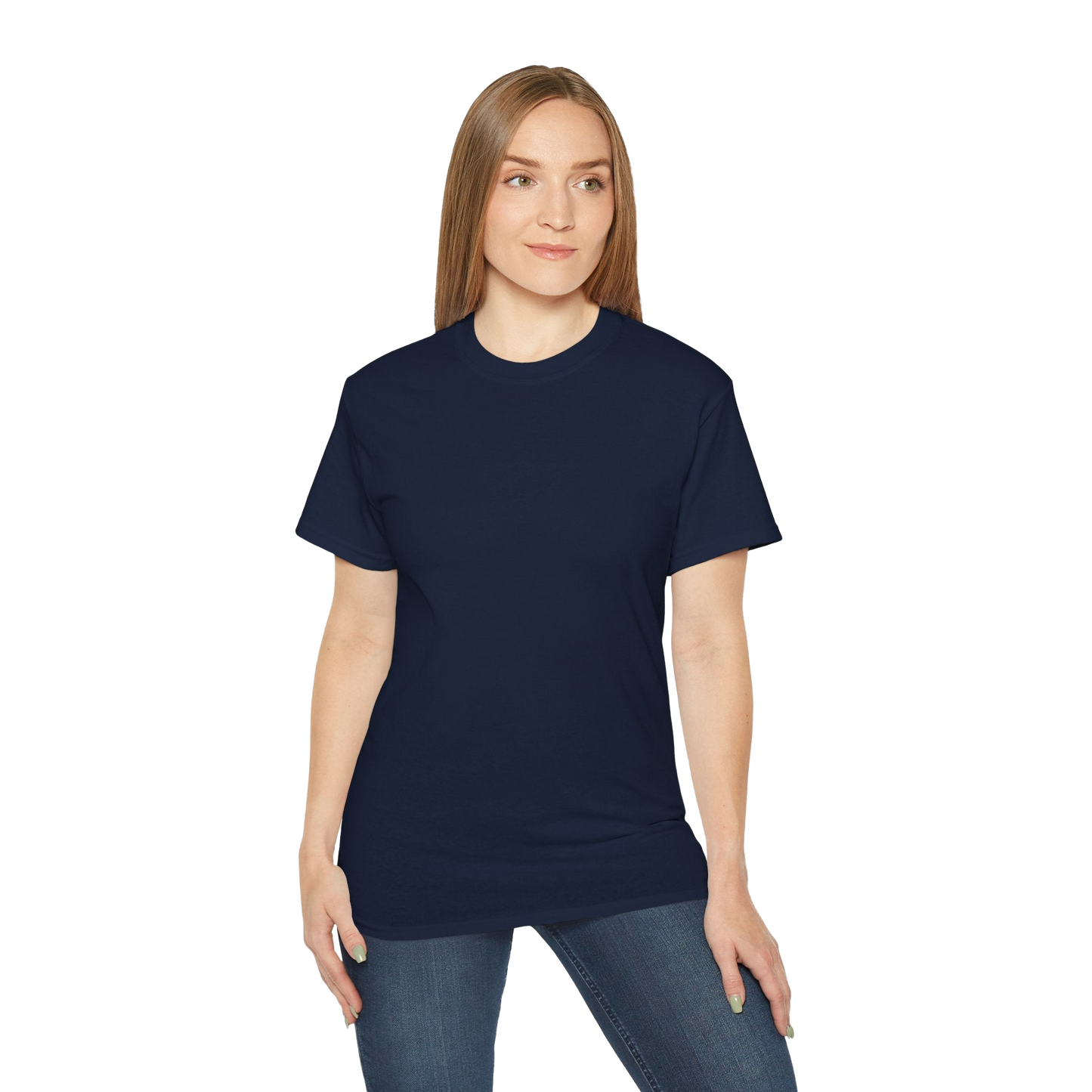 A woman wearing a navy blue t-shirt and jeans stands against a black background.