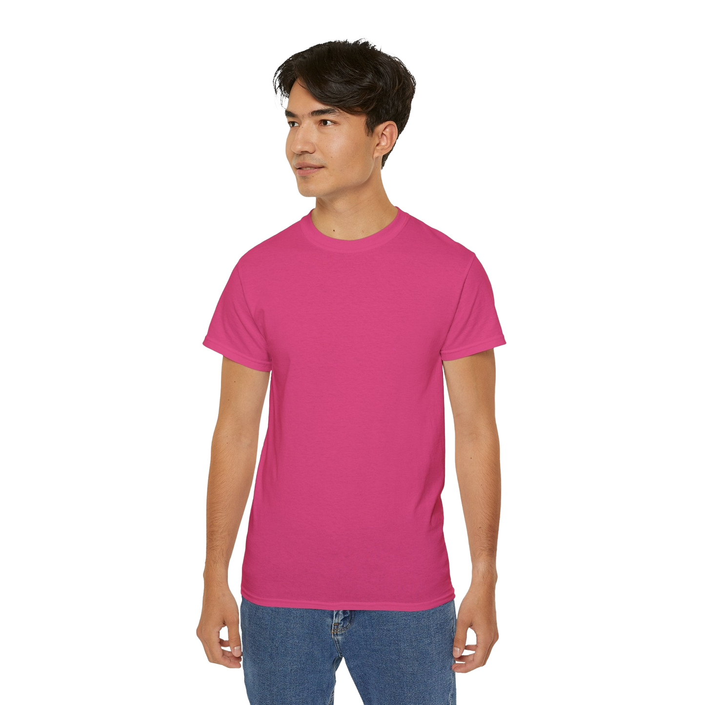 A young man wearing a pink t-shirt stands against a black background.